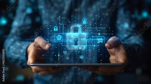Cyber security concept showing a digital padlock over a tablet screen