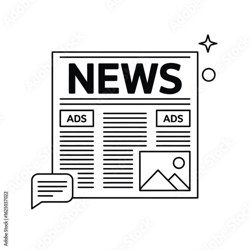 Simple line art icon of a newspaper with the word news and ads