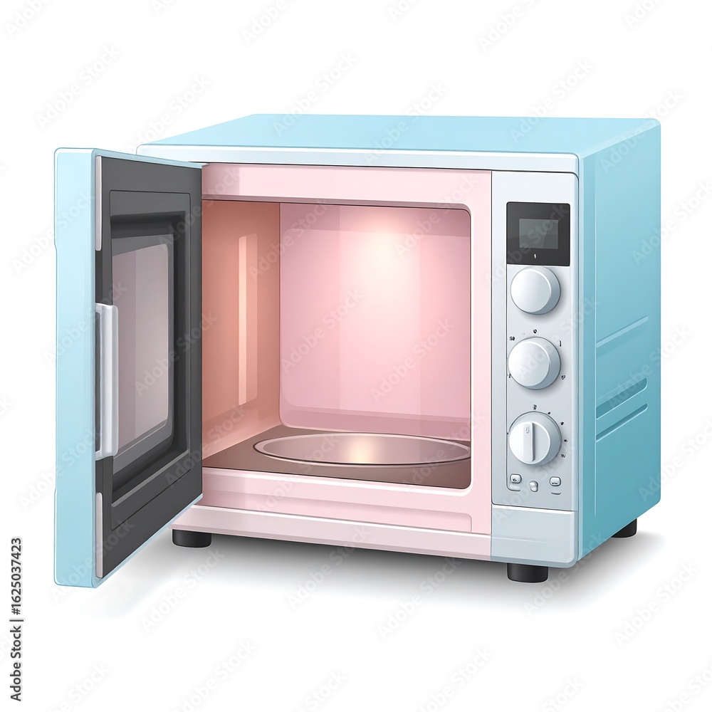 Fototapeta premium A light blue retro-style microwave oven with its door open, showcasing the empty interior and illuminated cavity.