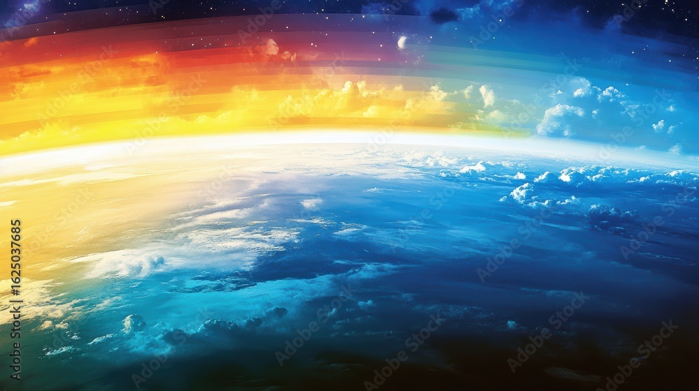 Obraz premium Vibrant Landscape of Earth Viewed from Space with Colorful Sunrise Over Blue Oceans and Clouds Above the Atmosphere