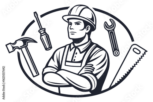 Confident manual worker with arms crossed amidst work tools inside oval frame