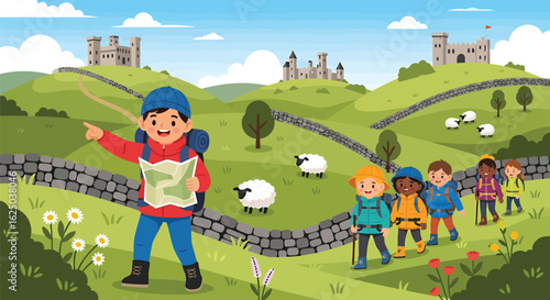 Young explorers on a guided hiking adventure through a scenic rural landscape