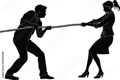 Vector art of silhouette of a man and woman in a tug of war representing business competition and the struggle for power