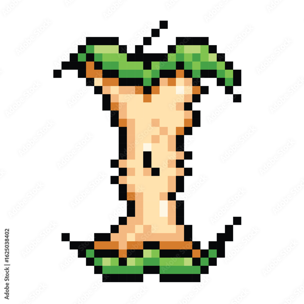 Fototapeta premium Green apple core pixel game 8 bit styled colorful cartoon food illustration isolated on white background.