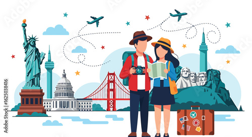 Tourist couple with map exploring famous USA destinations