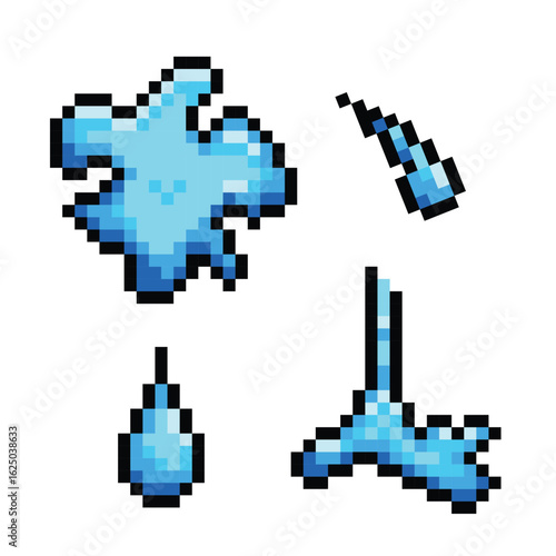 Water droplet, splash, and puddle pixel game 8 bit styled colorful cartoon illustration bundle set isolated on white background.