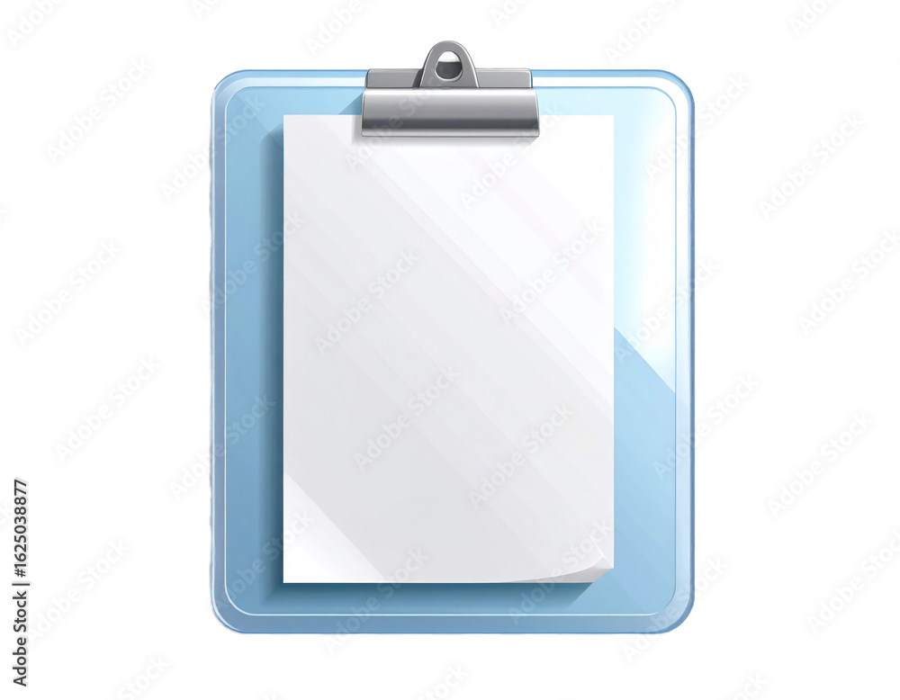 Blue Clipboard with Blank White Paper Isolated on Transparent Background. Shiny Plastic with Metallic Clip Blue Clipboard with Blank White Paper Isolated on Transparent Background. Shiny Plastic with Metallic Clip