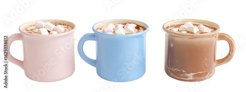 Three mugs of hot cocoa with marshmallows isolated on transparent background, a cozy and comforting winter beverage