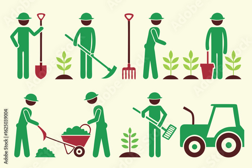 Green farmer icons depict diverse actions planting, raking, moving soil, and operating a tractor