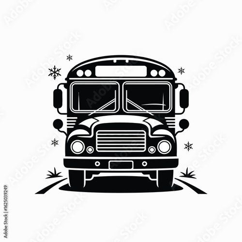 Front view black and white illustration of a classic school bus on a road