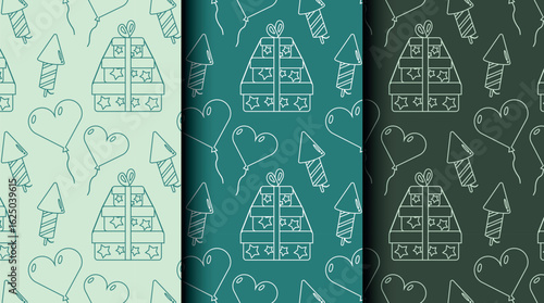 Set of seamless outline patterns for birthday and party themes in green monochrome. Perfect for wrapping paper, invitations, cards, and festive packaging