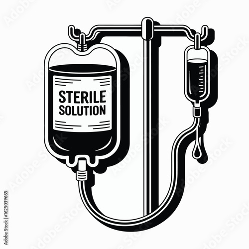 Medical iv drip bag and saline solution hanging on a stand in black and white