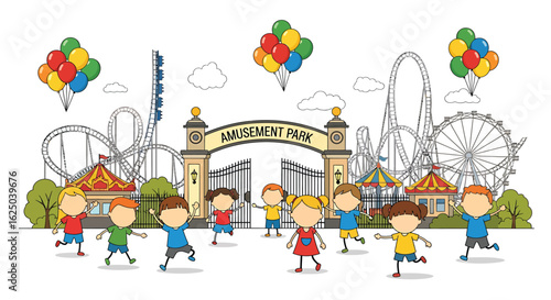 Excited children running towards an amusement park entrance for a day of fun and rides