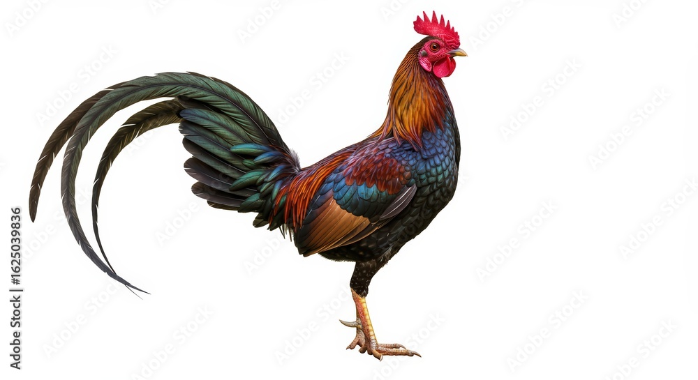 Fototapeta premium Colorful rooster standing against white background