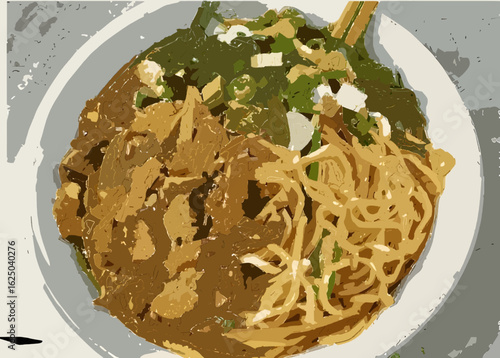Delicious bowl of chicken noodles topped with savory soy-glazed chicken, vegetables, and fresh herbs. Perfect for Asian food concepts, menus, packaging, and culinary content