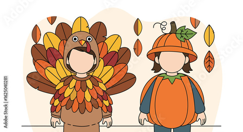 Children in cute turkey and pumpkin costumes for a festive autumn holiday celebration