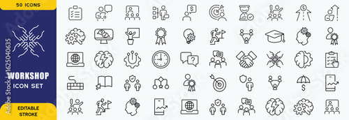 Workshop icon set. Containing team building, collaboration, teamwork, coaching, problem-solving and education icons. vector icon collection