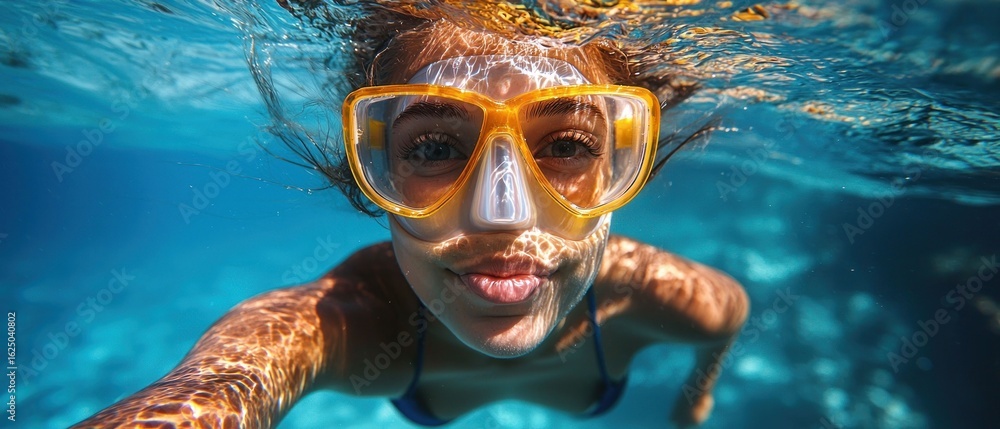 Fototapeta premium Underwater Selfie: A Girl's Joyful Snorkeling Adventure