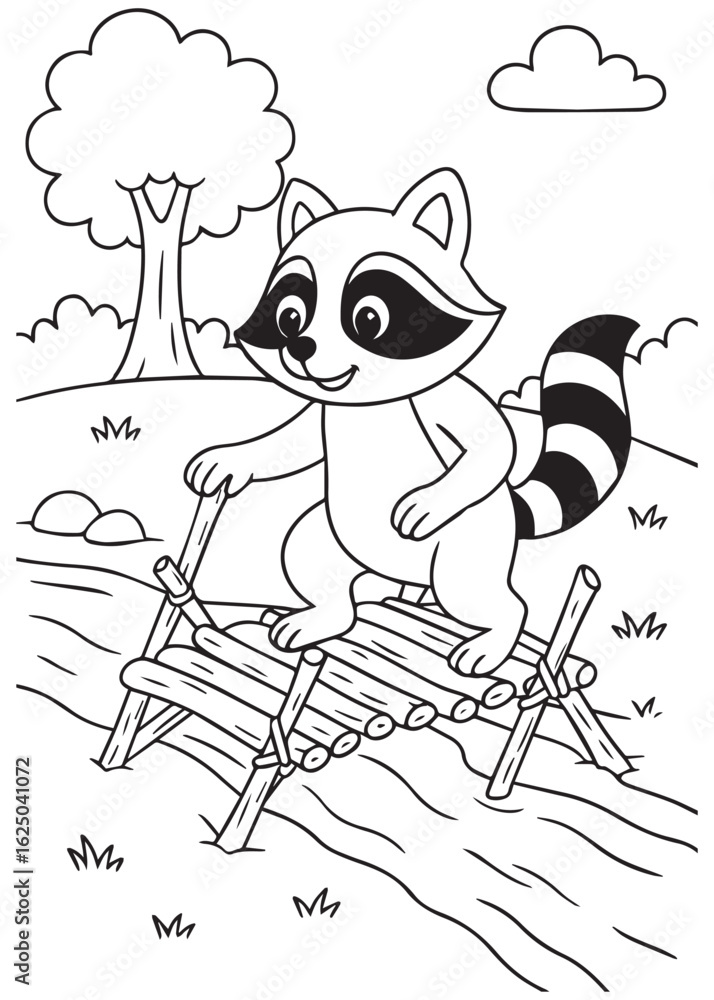 Fototapeta premium Coloring book page of a raccoon crossing a rope bridge.