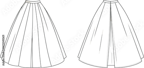 Cad drawing flat vector illustration, flared skirt design, vertical seam detail, center back opening, fashion sketch, garment template, apparel flat