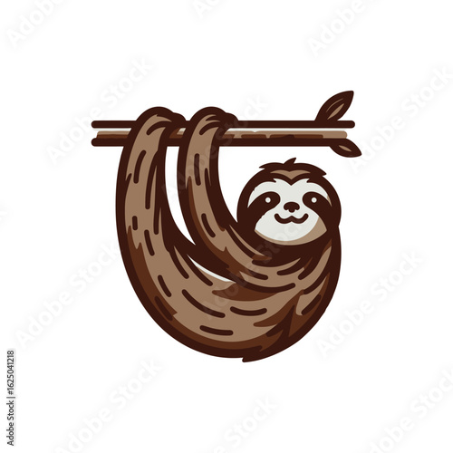 Cartoon sloth hanging from a branch, showcasing its relaxed demeanor in a simple design