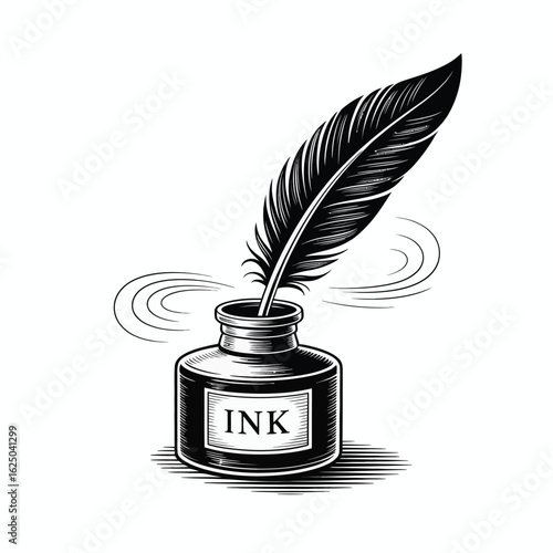 Vintage quill pen and inkwell with swirling ink droplets illustration