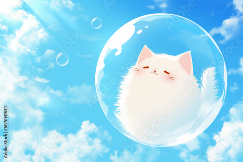 Cute fluffy cat floating in a bubble against a bright blue sky.