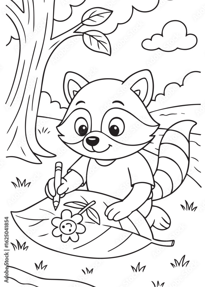 Obraz premium Coloring book raccoon drawing flowers on a big leaves