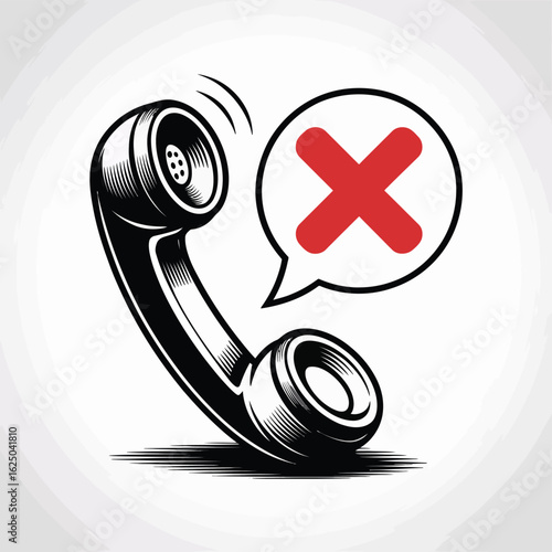 Vintage telephone handset with red cross in speech bubble symbolizing no connection