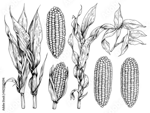 A hand-drawn set of vegetables, including corn cobs and grain, is depicted in isolation on a white background with a label, suitable for shops, markets, books, menus, and banners, in a modern outline