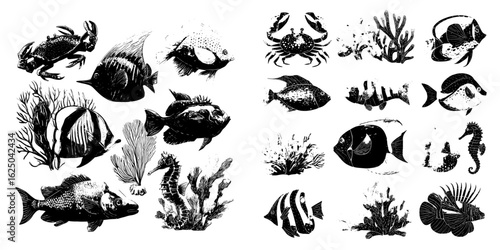 Modern cartoon illustration featuring an array of ocean animals and fish, such as crab, starfish, bannerfish, blue and yellow tang, zebrasoma, clownfish, seahorse, and corals