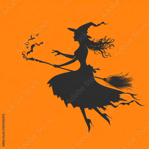 Black silhouette of a witch with a broom on an orange background, copy space