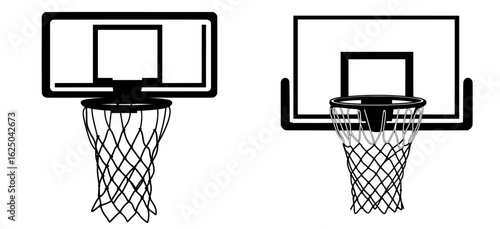 The illustration features a black basketball hoop with a net, accompanied by a basketball goal, all situated on a plain white background