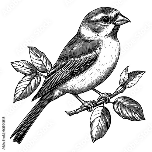 A hand-drawn, black and white image of a bird sitting on a tree branch is rendered in a modern, halftone pattern style, with a scratch board effect