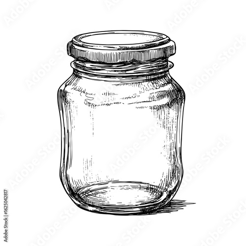 A contour sketch shows a hand drawn mason jar that serves as a glass container, and is similar in appearance to an empty kitchen pot, one that includes a lid