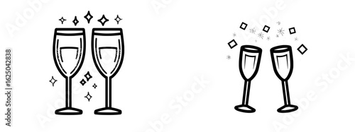 Cocktail glasses in modern flat line style are perfect for raising a glass of prosecco, wine, whiskey, vermouth, gin, martini, aperol, or margarita