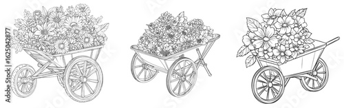 A garden cart filled with flowers is depicted in a black and white hand-drawn modern illustration suitable for adult coloring books