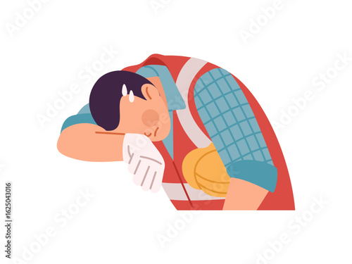 Male laborer sweating and suffering from heat exhaustion at a job site during summer. Depiction of hot weather fatigue. Flat vector illustration, cartoon style isolated on white background