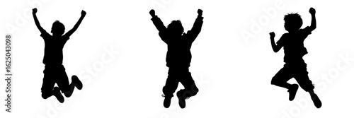 A modern illustration of a black silhouette of a boy jumping up, isolated on a white background, depicting a happy and cheerful kid