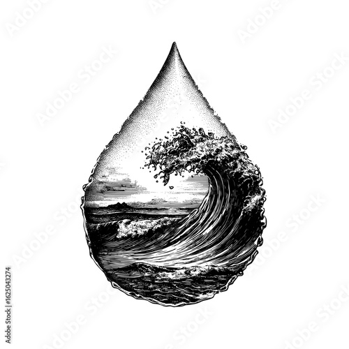 A stencil of ocean waves and water drops on a black sea background is accompanied by a modern set of liquid element icons, including cry droplet symbols, along with isolated splashes of ink and sauce