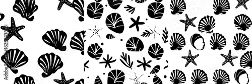 The design incorporates sea shells, fossils, and mollusks in a seamless pattern, perfect for a summer beach-themed hand-drawn seaside modern print to be used on fashion textiles with bright and
