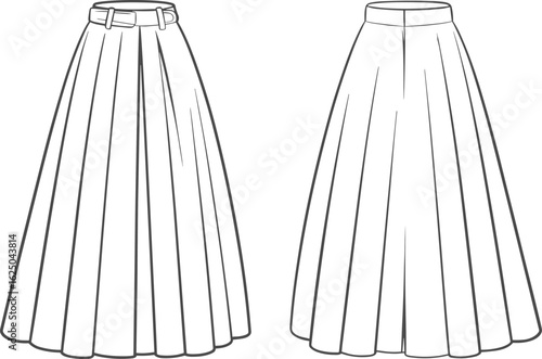 Cad drawing flat vector illustration, pleated long skirts design, fashion technical sketch, apparel template, flared skirt, belt detail**