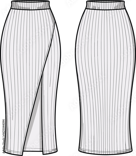 Cad drawing flat vector illustration, pencil skirt design, vertical stripe detail, front slit variation, fitted waistband, fashion sketch, apparel template**