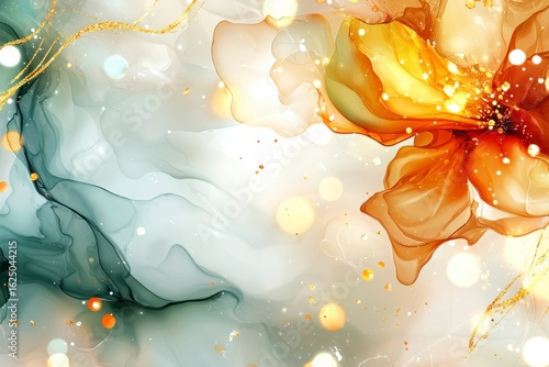 Abstract Orange and Gold Flower in Swirling Ink Wash with Bokeh Lights