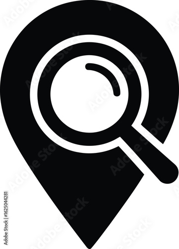 Black location pin with magnifying glass icon marker search