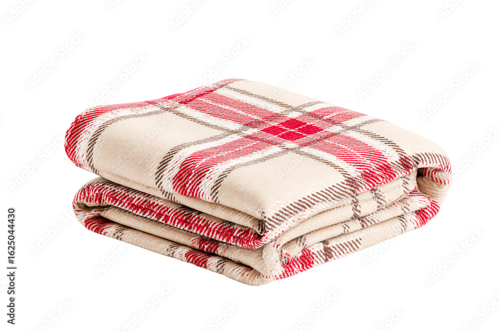 Folded plaid blanket in red and beige isolated on transparent background Folded plaid blanket in red and beige isolated on transparent background