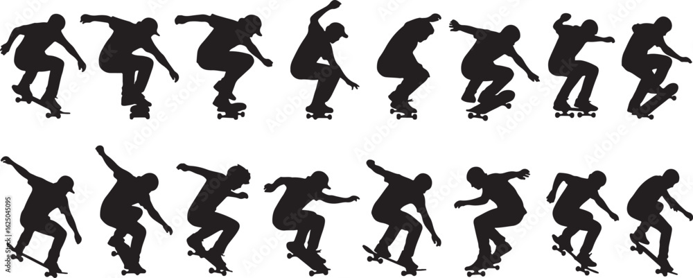 Naklejka premium Black silhouette skateboarders performing various tricks, skateboarder, skateboarding, silhouette, trick, action, sport, extreme sport, young, male, person, movement, dynamic, jump, flip, grind, ollie