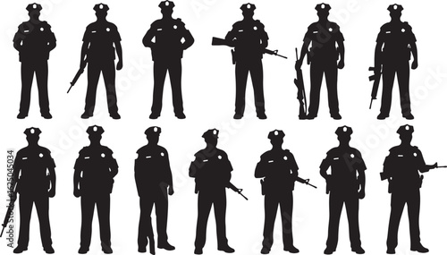 Black silhouette police officers with rifles and batons, police officer, silhouette, law enforcement, security, police, uniform, standing, rifle, gun, baton, weapon, authority, protection, service, du
