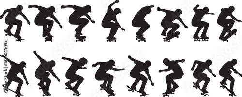Black silhouette skateboarders performing various tricks, skateboarder, skateboarding, silhouette, trick, action, sport, extreme sport, young, male, person, movement, dynamic, jump, flip, grind, ollie