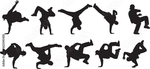 Black silhouettes of breakdancers in various dynamic poses, breakdancing, bboy, silhouette, dancer, dance, hip hop, street dance, athletic, movement, energy, dynamic, pose, action, performance, sport,
